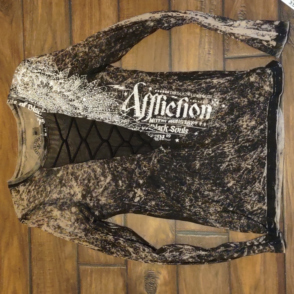 "Affliction" Brown and Black Lace-Up Graphic Top With Tons Of Sparkle. Size M.